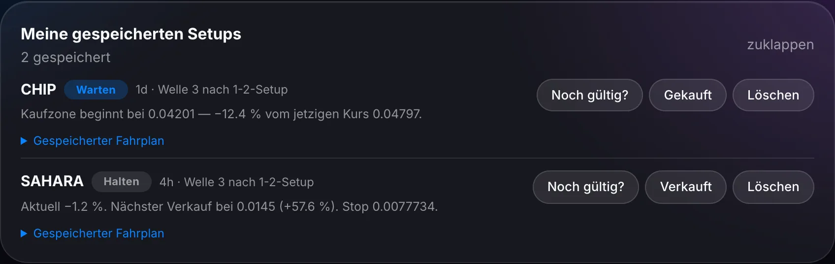 Screenshot: gespeicherte Setups mit Handlungsanweisung je Position
